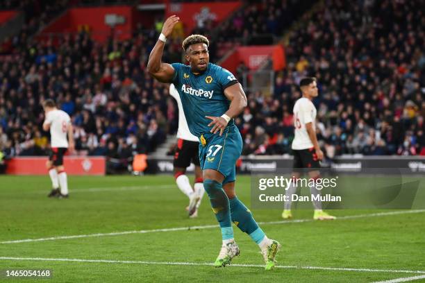 Adama Traore of Wolverhampton Wanderers celebrates his team's first goal, an own goal scored by Jan Bednarek of Southampton during the Premier League...