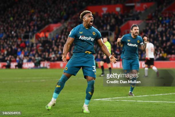 Adama Traore of Wolverhampton Wanderers celebrates his team's first goal, an own goal scored by Jan Bednarek of Southampton during the Premier League...