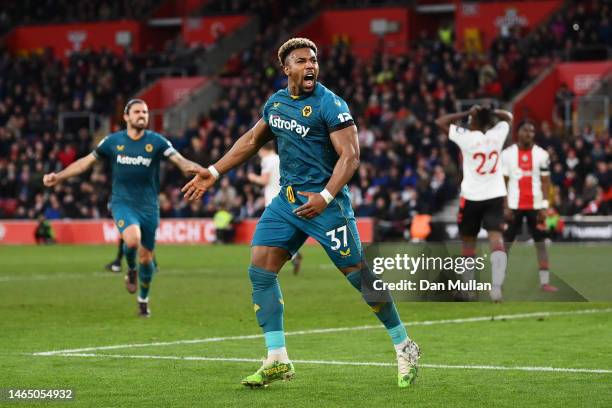 Adama Traore of Wolverhampton Wanderers celebrates his team's first goal, an own goal scored by Jan Bednarek of Southampton during the Premier League...
