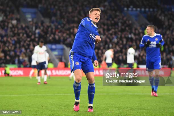 Harvey Barnes of Leicester City celebrates after scoring the team's fourth goal during the Premier League match between Leicester City and Tottenham...