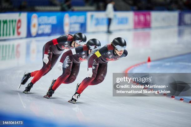 Team Canada compete in the Women's Team Pursuit during the ISU World Cup Speed Skating at Arena Lodowa on February 11, 2023 in Tomaszow Mazowiecki,...