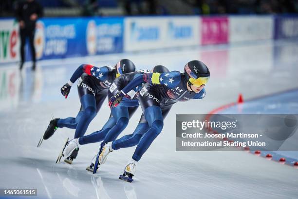 Team United States compete in the Women's Team Pursuit during the ISU World Cup Speed Skating at Arena Lodowa on February 11, 2023 in Tomaszow...