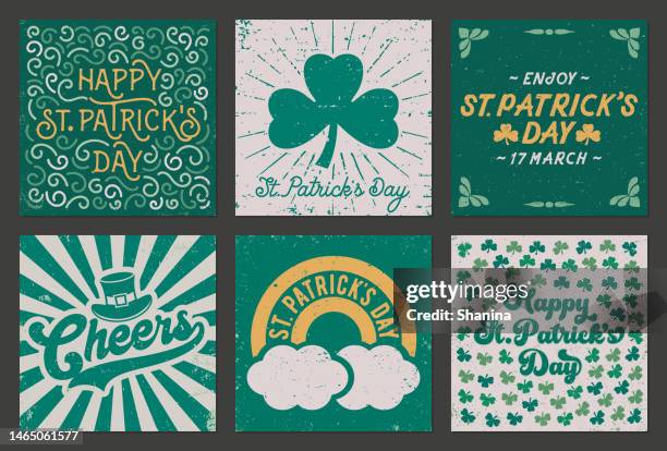 ilustraciones, imágenes clip art, dibujos animados e iconos de stock de set de tarjetas de felicitación vintage y grunge del día de san patricio - v3 - saint patricks tag