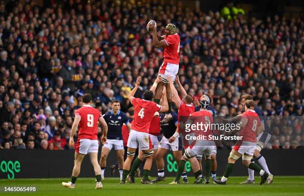 Christ Tshiunza of Wales wins a line out ball during the Six Nations Rugby match between Scotland and Wales at Murrayfield Stadium on February 11,...