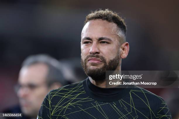 Neymar Jr of PSG reacts as he makes his way to the dressing room at the half time interval of the Ligue 1 match between AS Monaco and Paris...