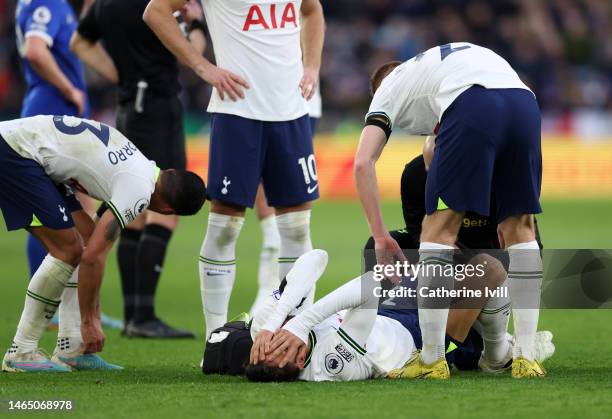 Rodrigo Bentancur of Tottenham Hotspur goes down with an injury during the Premier League match between Leicester City and Tottenham Hotspur at The...