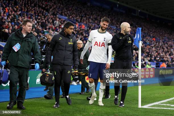 Rodrigo Bentancur of Tottenham Hotspur is substituted off after receiving medical treatment during the Premier League match between Leicester City...