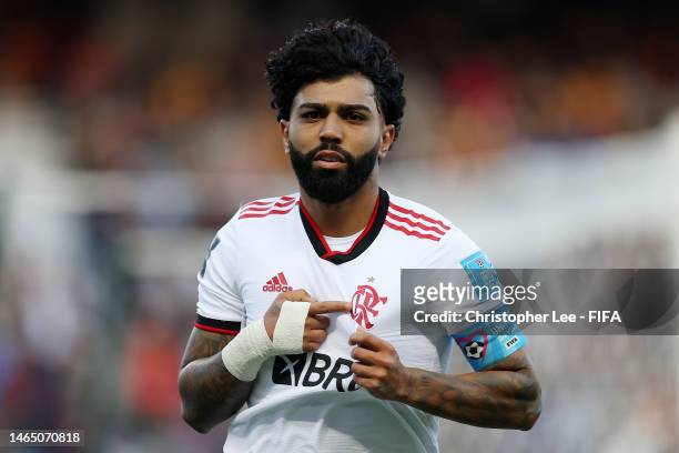 Gabriel Barbosa of Flamengo celebrates after scoring their sides third goal from the penalty spot during the FIFA Club World Cup Morocco 2022 3rd...