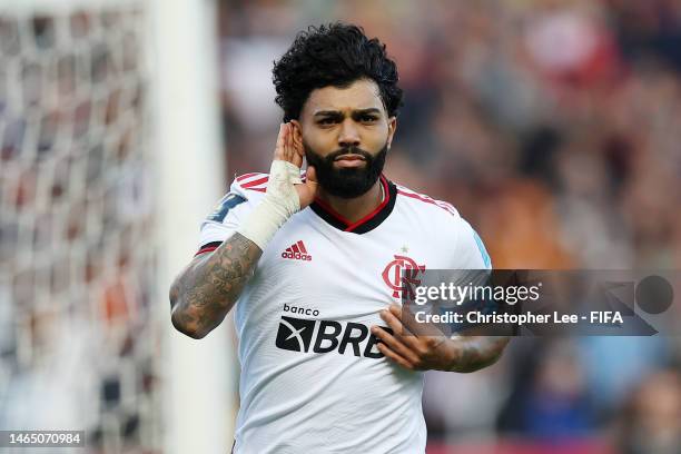 Gabriel Barbosa of Flamengo celebrates after scoring their sides third goal from the penalty spot during the FIFA Club World Cup Morocco 2022 3rd...