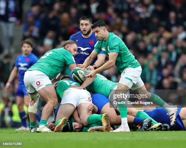 Conor Murray of Ireland passes the ball during the Six Nations Rugby match between Ireland and France at the Aviva Stadium on February 11, 2023 in...