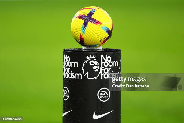 Detailed view of a plinth holding the match ball which reads 'No Room For Racism' prior to the Premier League match between AFC Bournemouth and...