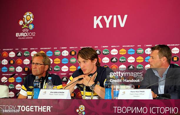 In this handout image provided by UEFA, Coach Erik Hamren, Kim Kallstrom and Hans Haltman of Sweden talk to the media during a UEFA EURO 2012 press...