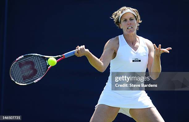 Greta Arn of Hungary in action during her first round match against Jade Windley of Great Britain on day three of the AEGON International at...