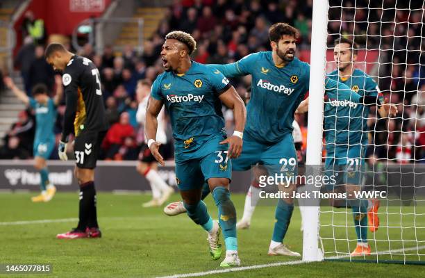 Adama Traore of Wolverhampton Wanderers celebrates his team's first goal, an own goal scored by Jan Bednarek of Southampton FC during the Premier...
