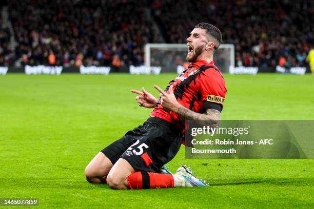 Marcos Senesi of Bournemouth at the back post scores a goal to make it 1-0 and celebrates during the Premier League match between AFC Bournemouth and...