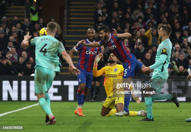 James Tomkins of Crystal Palace scores their sides first goal during the Premier League match between Crystal Palace and Brighton & Hove Albion at...