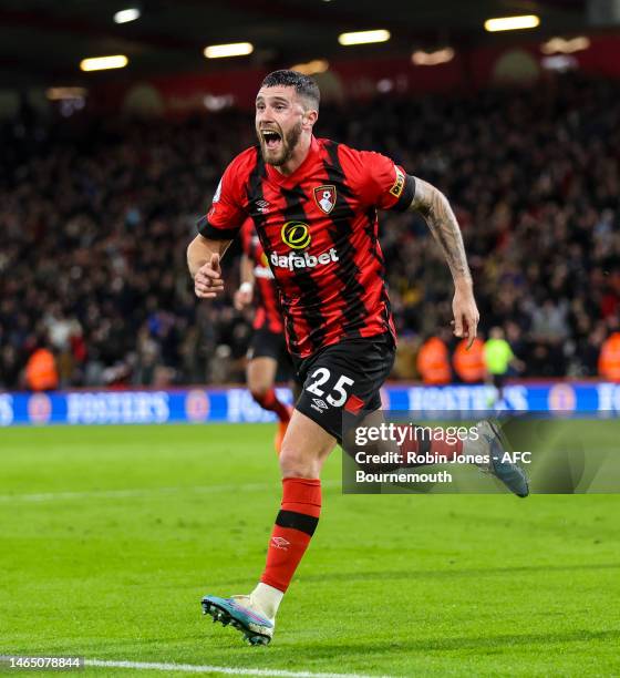 Marcos Senesi of Bournemouth at the back post scores a goal to make it 1-0 and turns to celebrate during the Premier League match between AFC...