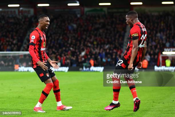 Jaidon Anthony and Hamed Junior Traore of AFC Bournemouth celebrate after Marcos Senesi of AFC Bournemouth scores their sides first goal during the...