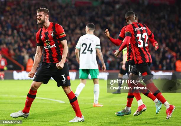 Jack Stephens of AFC Bournemouth celebrates after Marcos Senesi of AFC Bournemouth scores their sides first goal during the Premier League match...