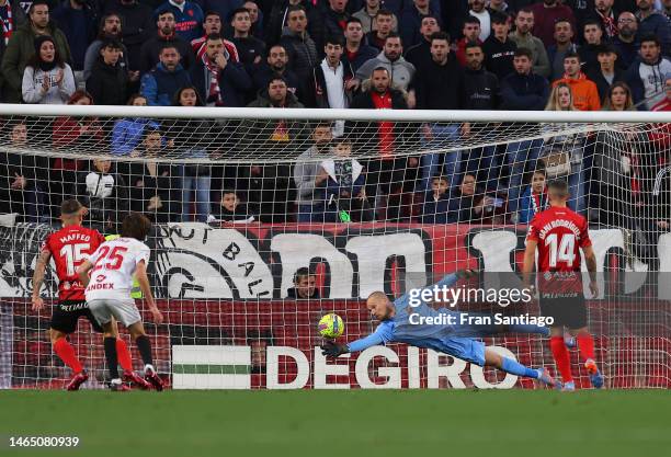 Predrag Rajkovic of RCD Mallorca makes a save during the LaLiga Santander match between Sevilla FC and RCD Mallorca at Estadio Ramon Sanchez Pizjuan...