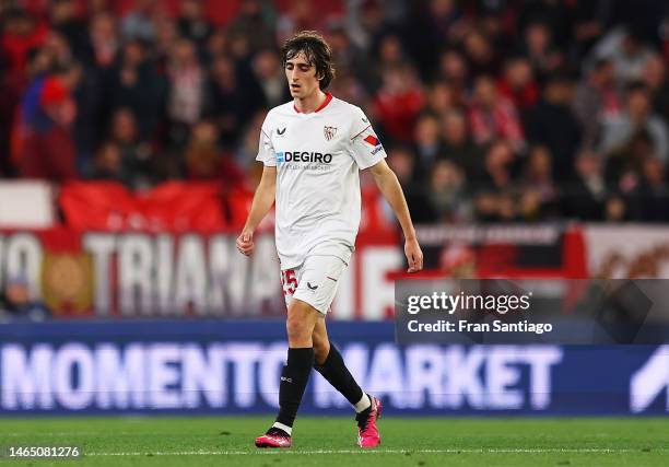 Bryan Gil of Sevilla FC celebrates after scoring the team's second goal during the LaLiga Santander match between Sevilla FC and RCD Mallorca at...