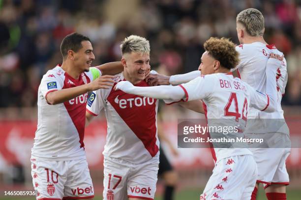 Aleksandr Golovin of AS Monaco celebrates with team mates Wissam Ben Yedder, Eliesse Ben Seghir and Caio Henrique after scoring to give the side a...