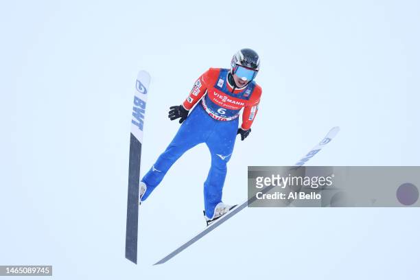 Taku Takeuchi of Japan jumps during Day 2 the Viessmann FIS Ski Jumping World Cup at Lake Placid Olympic Jumping Complex on February 11, 2023 in Lake...