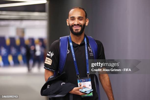 Abdullah Otayf of Al Hilal arrives at the stadium prior to the FIFA Club World Cup Morocco 2022 Final match between Real Madrid and Al Hilal at...