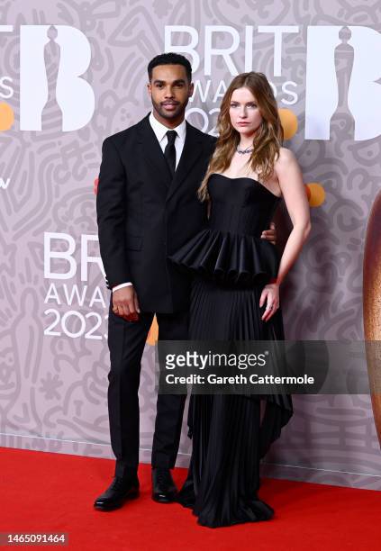Lucien Laviscount and Camille Razat attend The BRIT Awards 2023 at The O2 Arena on February 11, 2023 in London, England.