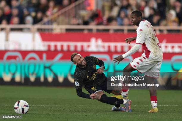 Mohamed Camara of AS Monaco clashes with Neymar Jr of PSG during the Ligue 1 match between AS Monaco and Paris Saint-Germain at Stade Louis II on...