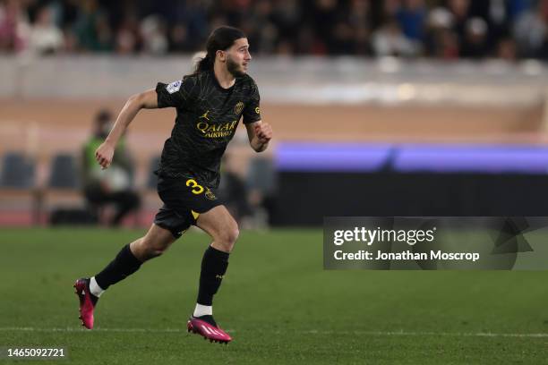 Ilyes Housni of PSG enters the field of play as a second half substitute during the Ligue 1 match between AS Monaco and Paris Saint-Germain at Stade...