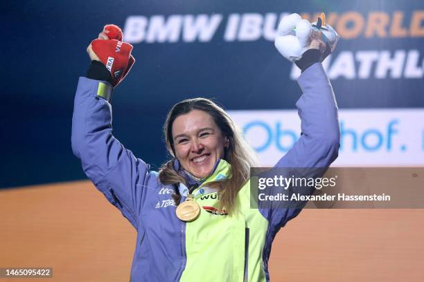 Gold medalist Denise Herrmann-Wick of Germany celebrates during the medal ceremony for the Women 7.5 km Sprint at the IBU World Championships...