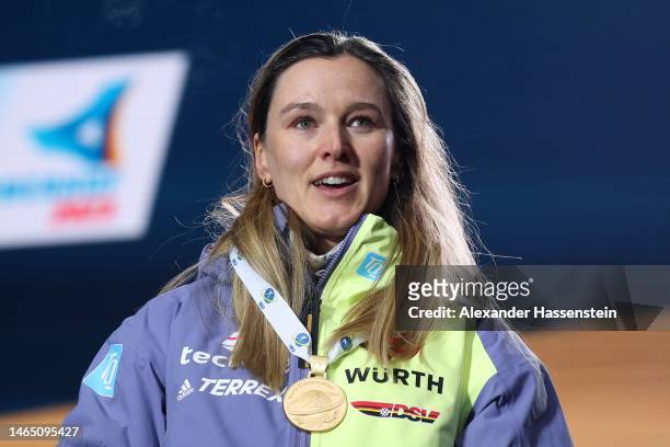 Gold medalist Denise Herrmann-Wick of Germany celebrates during the medal ceremony for the Women 7.5 km Sprint at the IBU World Championships...