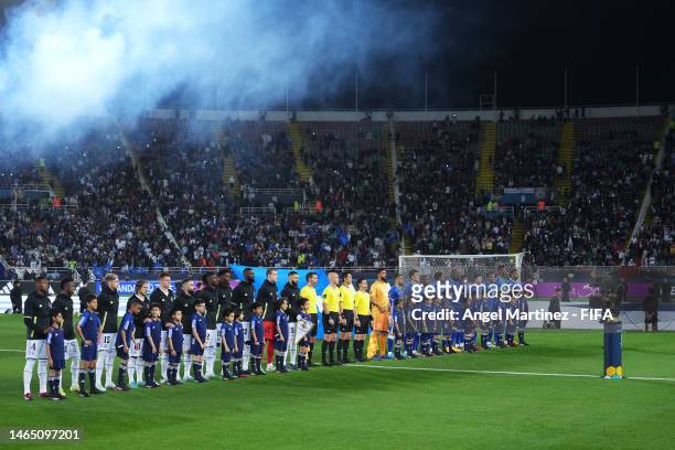General view inside the stadium as both sides line up prior to the FIFA Club World Cup Morocco 2022 Final match between Real Madrid and Al Hilal at...