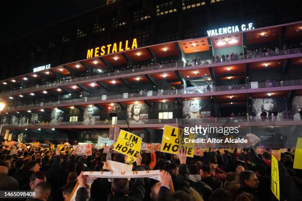 General view outside the stadium as fans protest against club owners prior to the LaLiga Santander match between Valencia CF and Athletic Club at...