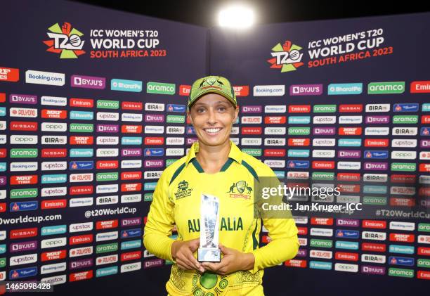 Ashleigh Gardner of Australia poses after being named Player of the Match following the ICC Women's T20 World Cup group A match between Australia and...