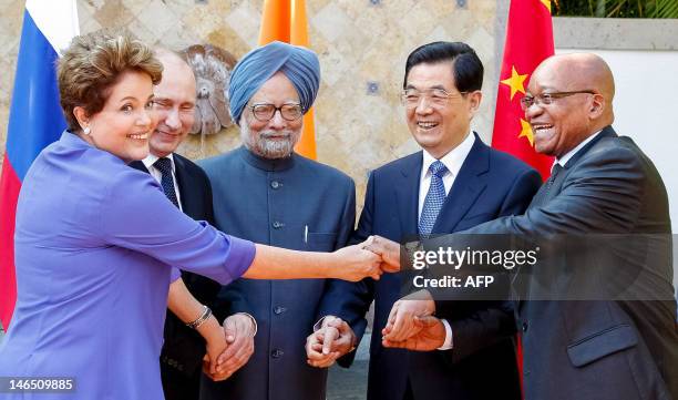 Brazilian President Dilma Roussef , Russian President Vladimir Putin, Indian Prime Minister Manmohan Singh, Chinese President Hu Jintao and South...