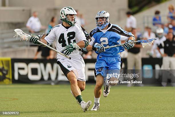 Max Seibald of the Long Island Lizards controls the ball as Dan Groot of the Ohio Machine defends on June 16, 2012 at Selby Stadium in Delaware, Ohio.