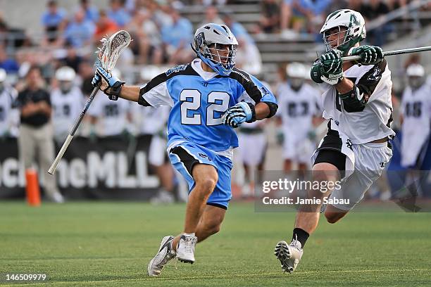 Jordan Levine of the Ohio Machine controls the ball against the Long Island Lizards on June 16, 2012 at Selby Stadium in Delaware, Ohio.