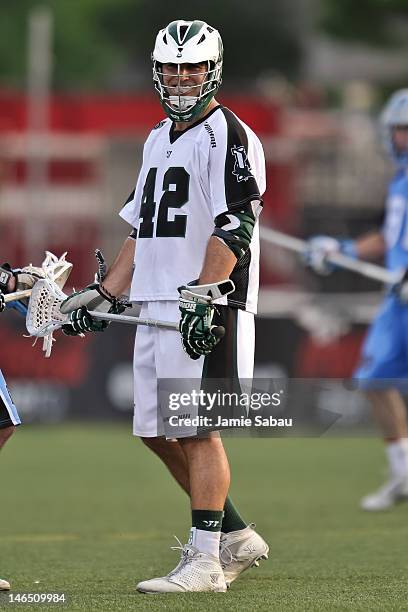 Max Seibald of the Long Island Lizards takes a breather during a game against the Ohio Machine on June 16, 2012 at Selby Stadium in Delaware, Ohio.