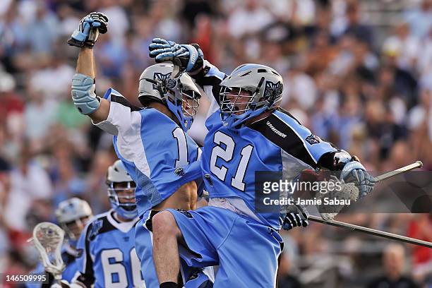 Ray Megill of the Ohio Machine and Jim Connolly of the Ohio Machine celebrate Megill's goal against the Long Island Lizards on June 16, 2012 at Selby...