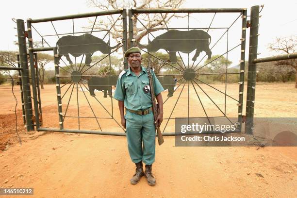 Rhino Ranger Philbert Joseph stands guard outside the electric fences of the Mkomazi Rhino Sanctuary on June 18, 2012 in Mkomazi, Tanzania. The...