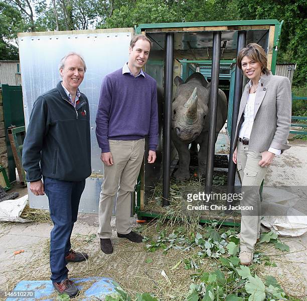 Charlie Mayhew of Tusk Trust, Prince William, Duke of Cambridge, 5 year old black rhino called Zawadi and BBC's Kate Silverton as he visits Port...