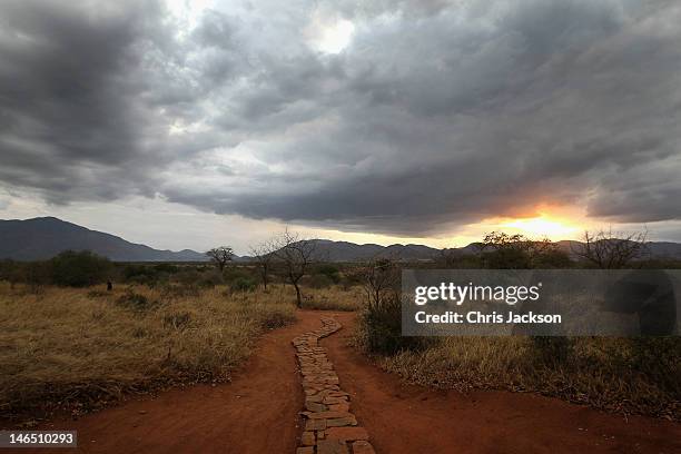 The sun sets over Mkomazi National Park on June 17, 2012 in Mkomazi, Tanzania. The Aspinall Foundation along with the Tusk Trust and the George...