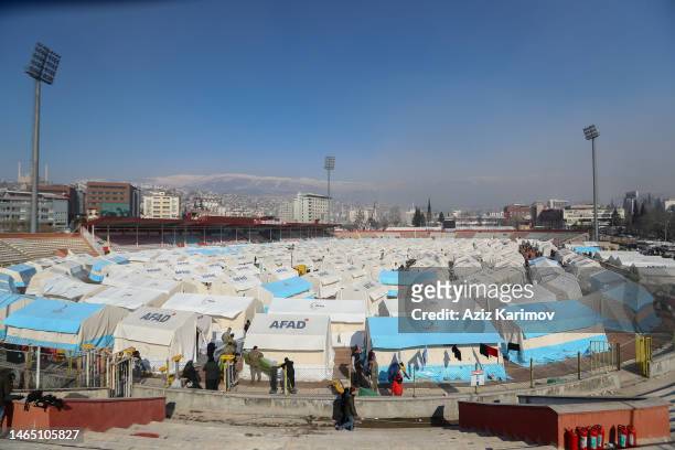 Photo shows tents of Turkey's Disaster and Emergency Management Presidency set up in a stadium in the southeastern Turkish city of Kahramanmaras on...