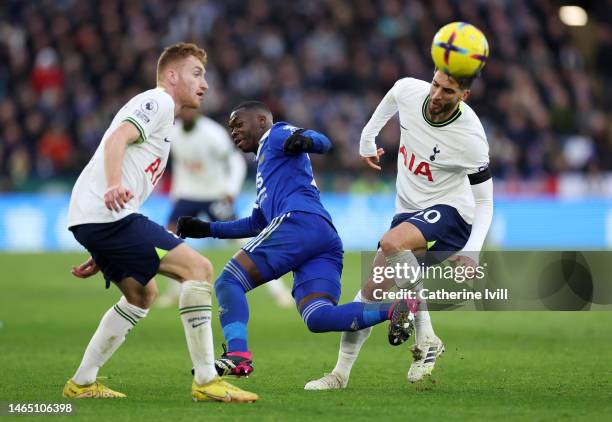 Rodrigo Bentacur of Tottenham Hotspur challenges Nampayls Mendy of Leicester leading to Bentacur going off with an injury during the Premier League...