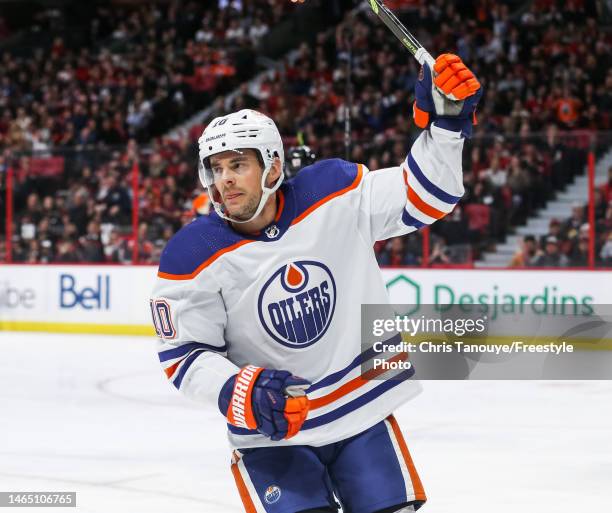 Derek Ryan of the Edmonton Oilers celebrates his third period goal against the Ottawa Senators at Canadian Tire Centre on February 11, 2023 in...