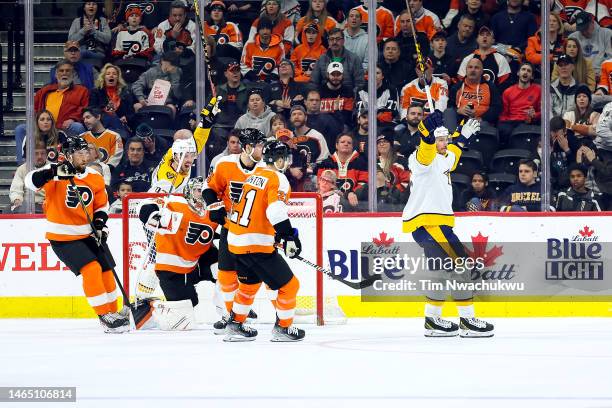 Matt Duchene of the Nashville Predators celebrates after scoring to defeat the Philadelphia Flyers during overtime at Wells Fargo Center on February...