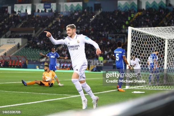 Federico Valverde of Real Madrid celebrates after scoring their sides fourth goal during the FIFA Club World Cup Morocco 2022 Final match between...