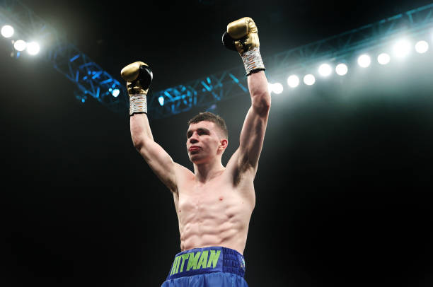 Stephen McKenna celebrates after the Welterweight fight between Stephen McKenna and Brendon Denes at OVO Arena Wembley on February 11, 2023 in...